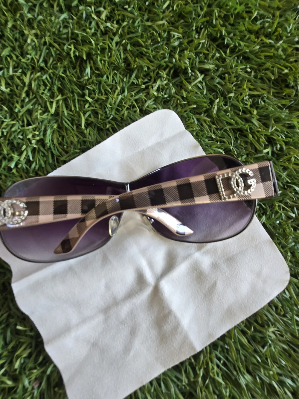 Designer Plaid Sunglasses with Crystal Double-C Logo - Purple Lenses